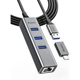 Usb And Usb C To Ethernet Adapter, 3.3Ft Long Cord,Aluminum 3 Ports Usb 3.0 Hu