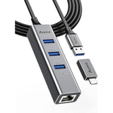 Usb And Usb C To Ethernet Adapter, 3.3Ft Long Cord,Aluminum 3 Ports Usb 3.0 Hu