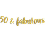 Gold glitter “50 & Fabulous” banner for 50th birthday or milestone celebration décor