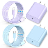 Usb C Fast Charger, 2Pack 20W Type C Wall Charger Block And 60W 10Ft I Phone Fast Charging Cord, Compatible With I Phone 15/16/17 Pro/Plus/Pro Max/ - Purple Blue