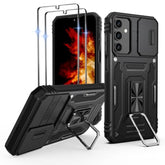 For Galaxy-A15-5G Phone Case: Longer & More Stable Rotatable Kickstand, Slide Camera Cover, Heavy Duty Shockproof Phone Case With 2 Pcs Screen Protector For Samsung A15 5G Case, Black