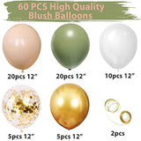 64 Pcs Artificial Eucalyptus Leaves Stems Sage Green Blush Balloons, 12 Inch Sage Green Blush Nude Balloons With Artificial Eucalyptus For Baby Bridal Shower Birthday Safari Party Decoration