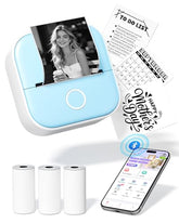 Print Pods Mini Printer - Mini Pocket Sticker Machine Printer T02, Portable Thermal Bluetooth Inkless Sticker, Print Pods With 3 Rolls Thermal Paper For Diy, Study Note, Journal, Memo, Blue