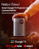 Halo+ Gtv New Portable Projector, Google Tv With Licensed Netflix, 700 Iso Lumens, 2 X 5W Harman Kardon Speakers, Auto Focus, Isa, Wi-Fi, Built-In Battery With 2.5 Hours Playtime