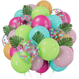 Tropical Balloons Set, 66 Pieces 12 Inches Hot Pink Balloon Green Blue Orange Confetti Ballons With Palm Leaves For Luau Summer Beach Party