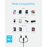 Anker Powerline II 3-in-1 Cable, Lightning/Type C/Micro USB Cable for iPhone, iPad, Huawei, HTC, LG, Samsung Galaxy, Sony Xperia, Android Smartphones, iPad Pro 2018 and More(3ft, Black)