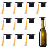 12 Sets Mini Graduation Cap Bottle Bachelor Wine Bottles Toppers Grad Hat With Yellow Tassels Felt Crafts Black Pops Cake Cover For Graduate Celebration Party Drink Bottle Decorations