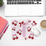 Cute Custom Cherry Mouse Pad, Cute Small Personalized Coquette Pink Bow Mouse Pad For Desk Women Girls, Customizable Initial Mousepads For Laptop, Computer, Office, 9.5X7.9 Inch(Letter T)