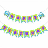 Car & Dog Cartoon Hippie Birthday Banner for Kids’ Blue/Green Party Decor