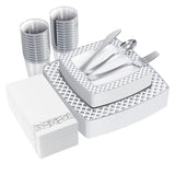 175PCS Silver Square Dinnerware Set β Plates, Cups, Napkins, Cutlery for 25