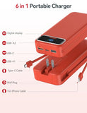 12000Mah Lightweight-Portable-Charger-Power-Bank With Built-In Cables And Ac Wall Plug, Pd20W Usb-C Fast Charging Battery Pack, Led Display External Travel Phone Charger For All Iphone,Samsung,Android