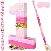 20 Inch Number 1 Piñata Pink Gold With 30 Inch Piñata Stick Blindfold Confetti For Boys Girls Adults Birthday Party Decorations, Anniversary Celebration, Fiesta