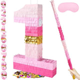 20 Inch Number 1 Piñata Pink Gold With 30 Inch Piñata Stick Blindfold Confetti For Boys Girls Adults Birthday Party Decorations, Anniversary Celebration, Fiesta