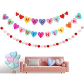 3 Pcs Happy Valentine'S Day Felt Candy Heart Bannerfelt Ball Pom Pom Garlands Wool Felt Hearts Garlands Pastel Candy Hanging Decor For Home Fireplace Window Walls Decor,9.8Ft