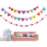3 Pcs Happy Valentine'S Day Felt Candy Heart Bannerfelt Ball Pom Pom Garlands Wool Felt Hearts Garlands Pastel Candy Hanging Decor For Home Fireplace Window Walls Decor,9.8Ft