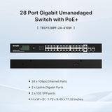 28 Port Gigabit Poe Switch, Network Switch With 24 Port Poe+@410W, 2*Gigabit Uplink & 2*Sfp, Plug & Play, One-Key Vlan/Priority/Extend Mode, Desktop/Rackmount/Wallmount, Sturdy Metal (Teg1128P)