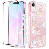 (3In1 Case For Apple Iphone Xr Butterfly Glitter Handmade Sequin Sparkle Pretty For Women Girls Clear Design Crystal Pearl Sparkly Cute Girly Phone Cases+Chain+Screen Protector