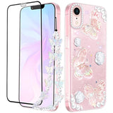 (3In1 Case For Apple Iphone Xr Butterfly Glitter Handmade Sequin Sparkle Pretty For Women Girls Clear Design Crystal Pearl Sparkly Cute Girly Phone Cases+Chain+Screen Protector
