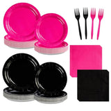 96 Pcs Hot Pink And Black Birthday Decorations Hot Pink Party Plates And Napkins Disposable Heavy Duty Pink And Black Tableware Set For Girls Women Birthday Bridal Shower Halloween Party