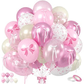 Pink Bow Balloons, 60Pcs Double Stuffed Pearl White Light Pink Balloon, 12 Inch Pastel Pink White Bow Printed Balloons With Ribbon For Girls Birthday Baby Shower Wedding Coquette Party Decorations