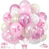 Pink Bow Balloons, 60Pcs Double Stuffed Pearl White Light Pink Balloon, 12 Inch Pastel Pink White Bow Printed Balloons With Ribbon For Girls Birthday Baby Shower Wedding Coquette Party Decorations