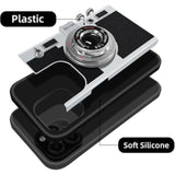 Vintage Camera Phone Case for iPhone 16 with Removable Lanyard Strap, Cute 3D Unique Design Silicone Cover for Girls Kids Women Black