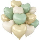 12pcs Sage Green & Gold Heart Balloons, 18" Mylar for Baby Shower Wedding Decor