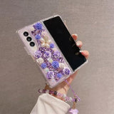 Luxury Crystal Rhinestone Flowers Glitter Diamond Pearl Cover Case for Samsung Galaxy Z Fold 7 5G with Flower Strap