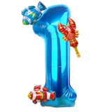 40 Inch Under The Sea Blue Number 1 Balloon, Mini Sea Animal Balloons Ocean Animal Foil Balloon, Fish Crawfish Balloons For Boys Girls Ocean Theme 1St Birthday Baby Shower Party Decoration