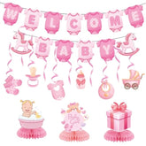 Pink baby shower décor with welcome baby banner and sign for girls