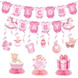 Pink baby shower décor with welcome baby banner and sign for girls