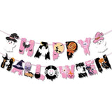 Pink Happy Halloween Banner Ghost Boo Pumpkin Bat Witch Spider Bunting Party Decorations