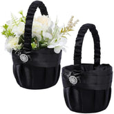 Wedding Black Flower Girl Basket Small Gothic Flower Basket For Wedding Ceremony Satin Rhinestone With Handle For Bridal Petals Confetti Banquet Home Ceremony Western Party Decoration
