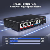 10Gb Ethernet Switch With 4 X 2.5Gbe + 2 X 10Gbe Rj45 Ports, 6 Port 10G/2.5G Multi-Gigabit Unmanaged Network Switch, Plug And Play, Fanless, Desktop/Wall-Mount, For Wireless Ap, Nas, Pc, Home