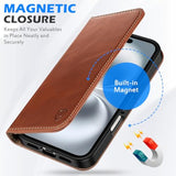 SHIELDON Genuine Leather Case Wallet for iPhone 16 Plus 6.7" Retro Brown