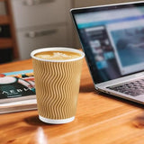 Coffee Cups 12 Oz 150 Pack, Insulated Ripple Wall Paper Coffee Cups 12 Oz, Disposable Coffee Cups, Hot Beverage/Cold Drinking Cups For Office,Home,Party,Cafe,Picnic,Travel (Champagne)