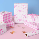 Pink Bow Reversible Wrapping Paper Roll - Mini Roll - 1 Roll 17" X33Ft Pink Bow Birthday Wrapping Paper Roll For Girls Kids Pink And White Plaid Design Gift Wrap Paper Pink Bow Party Favor