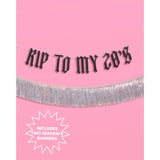 "RIP to My 20s" black glitter & iridescent fringe banner for 30th birthday decor