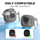 Double Security Lock Protective Case Cover for JBL Tune Flex 2 Charging Case with Carabiner and Cleaning Pen Kit, Anti-Scratch Shockproof Clear TPU Compatible with JBL Tune Flex 2 Charging Case (Clear Grey)