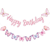 Pink Butterfly Birthday Banner, 63" X 23.6", Fade Resistant, Lightweight, Women/Girls/Teen Girls