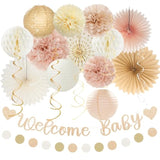 Champagne-Gold Fall Boho Baby Shower 21Pcs Banner, Lanterns, Pom Poms & Garland Decor