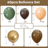 60 Pcs Sage Green, Gold, Brown Latex Balloons - Woodland Camo Army Olive Green, Dark Brown, Coffee Nude Gold Party Balloons For Jungle Safari Woodland Hunting Birthday Decorations