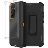 For Samsung Galaxy S21 Ultra Case With Belt Clip Holster, 2X Screen Protector, Heavy Duty Full Body Shockproof Drop-Proof Rugged Protective Cover For Samsung Galaxy S21 Ultra 5G 6.8 Inch Orange