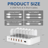 Charging Station For Multiple Devices: 68W 6 Port 20W Fast Phone Charger Dock With 6 Cables, Compatible With Apple Cellphone Ipad Iphone Tablet And Other Electronic (White)