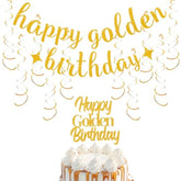 12Pcs Golden Birthday Decor with Banner, 10 Swirls and Glitter Cake Topper
