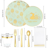 175Pcs Easter Plates and Napkins Disposable - Green and Gold Plastic Dinnerware Set for 50 guests include 50 Plates 25Cups 25Plastic Silverware 25Napkins Perfect for Easter Party