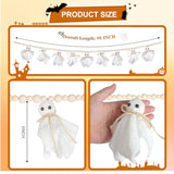 8ft Halloween Banner Garland with White Ghosts and Wooden Beads Rustic Handmade Decor