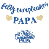 Pre-Strung Feliz Cumpleaños Papa Banner Decorations Blue Glitter Happy Birthday Dad Daddy Cake Topper Spanish Mexican Father'S Day Party Blue Glitter For Home Celebrate No Diy