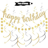 8pcs Gold Birthday Banner Kit with Glitter Garland & Swirls, Pre-Strung Decor