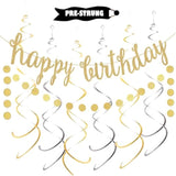 8pcs Gold Birthday Banner Kit with Glitter Garland & Swirls, Pre-Strung Decor